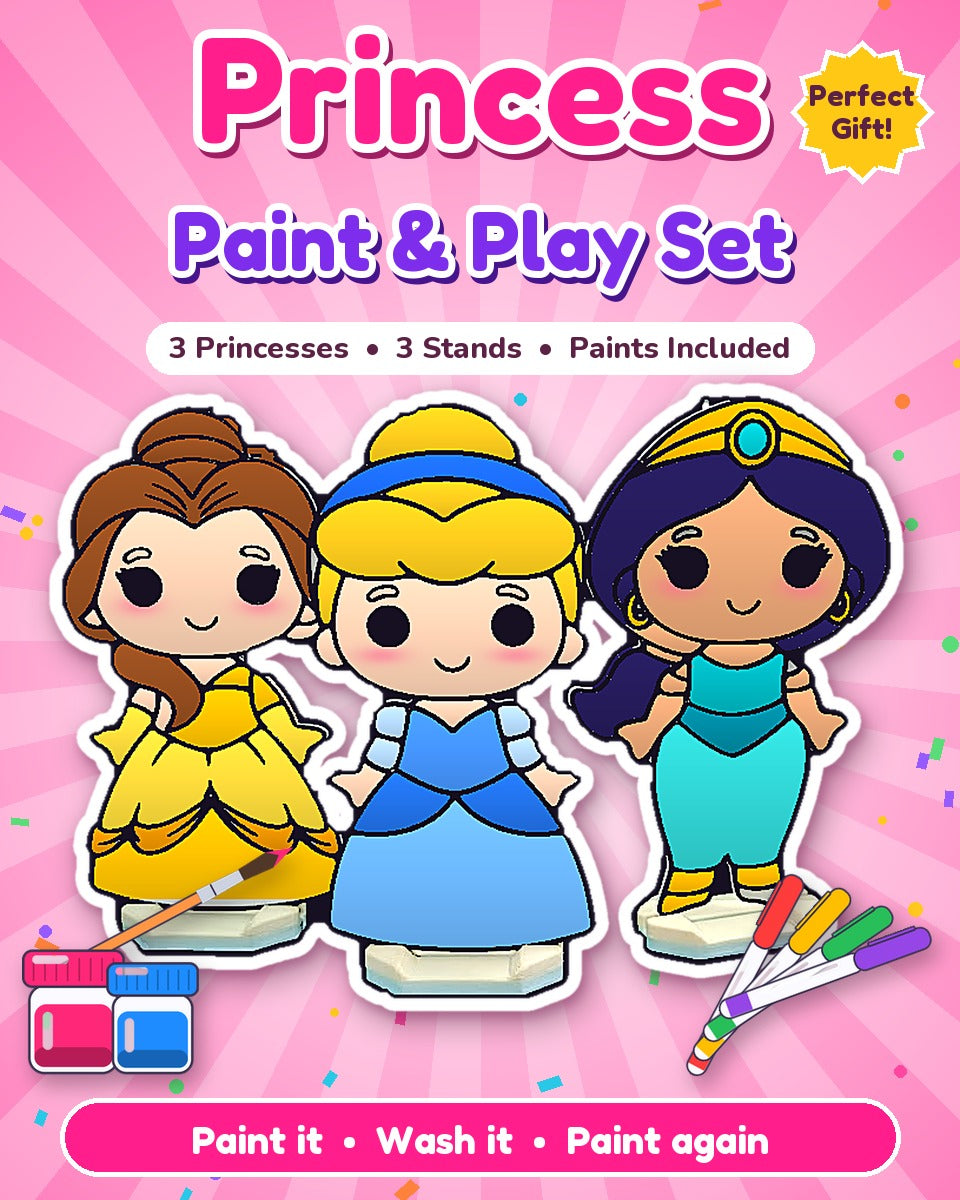 Princess Paint & Play Set – 3 Princess Stand Figures with Paints, Brush & Sketch Pens (Reusable)
