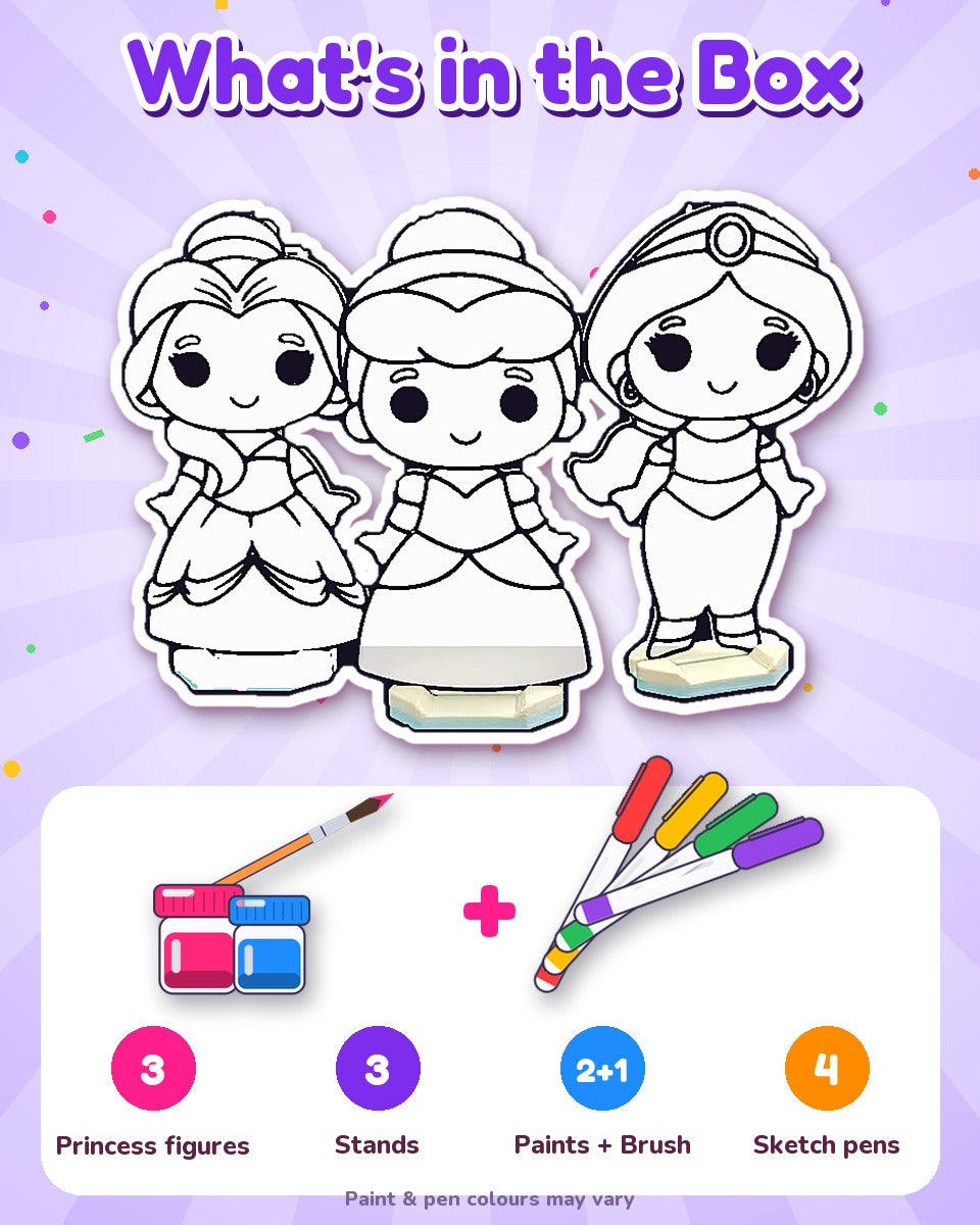 Princess Paint & Play Set – 3 Princess Stand Figures with Paints, Brush & Sketch Pens (Reusable)