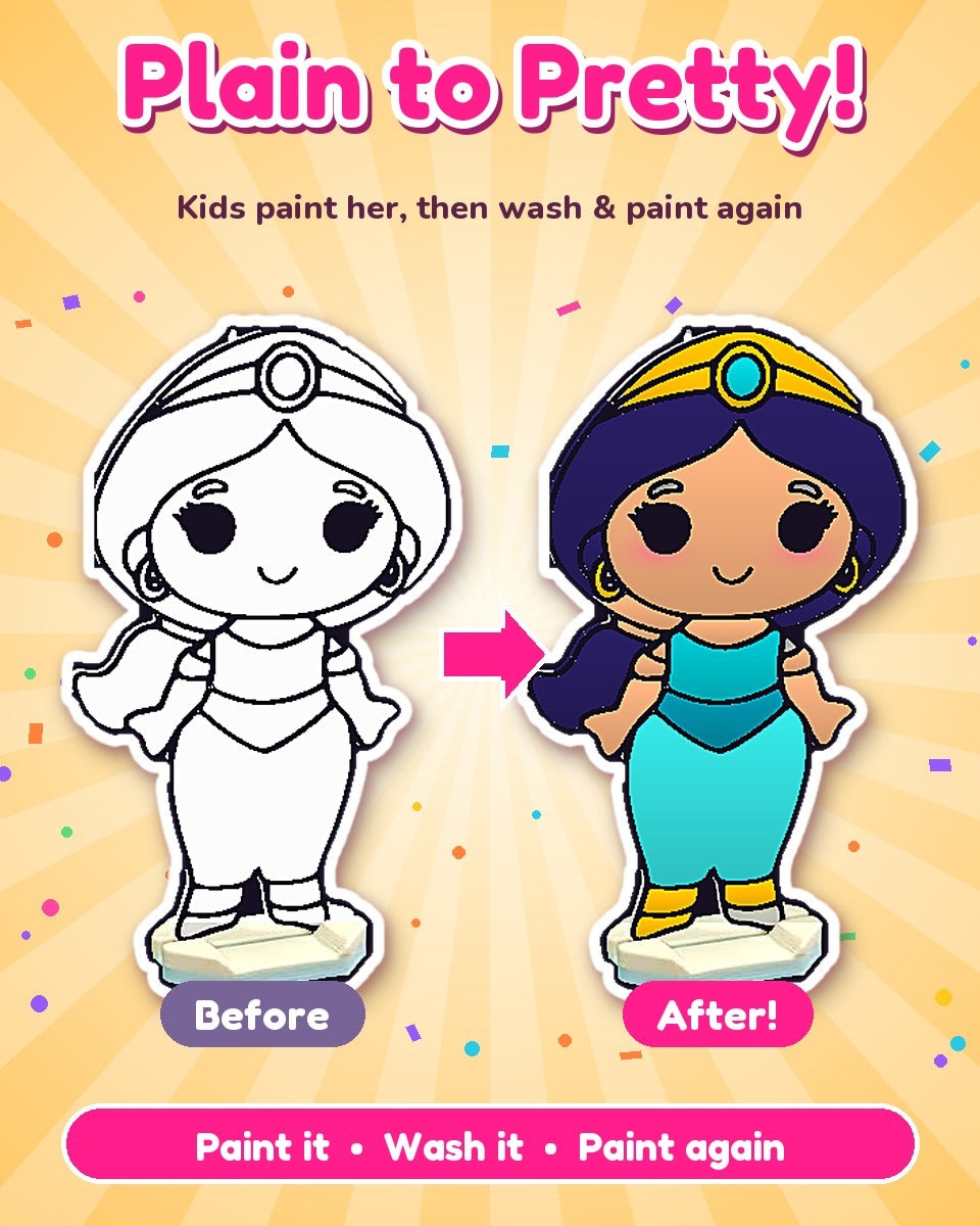 Princess Paint & Play Set – 3 Princess Stand Figures with Paints, Brush & Sketch Pens (Reusable)