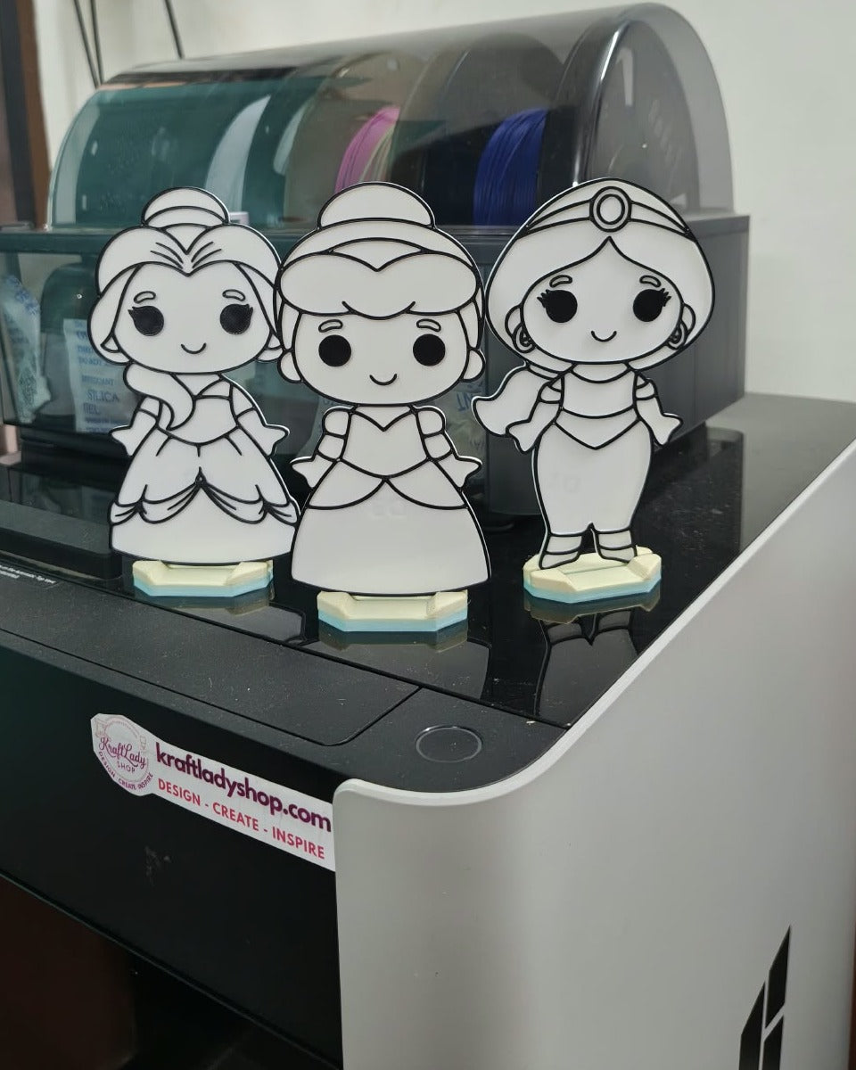 Princess Paint & Play Set – 3 Princess Stand Figures with Paints, Brush & Sketch Pens (Reusable)