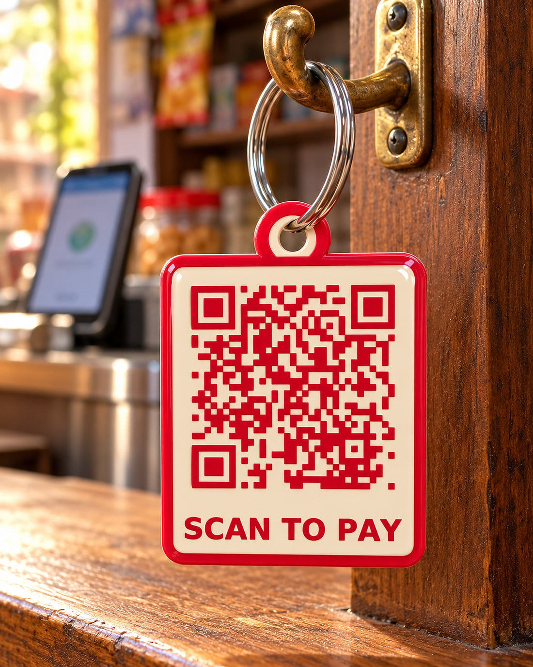 Scan to pay UPI QR code keychain hanging at a shop counter