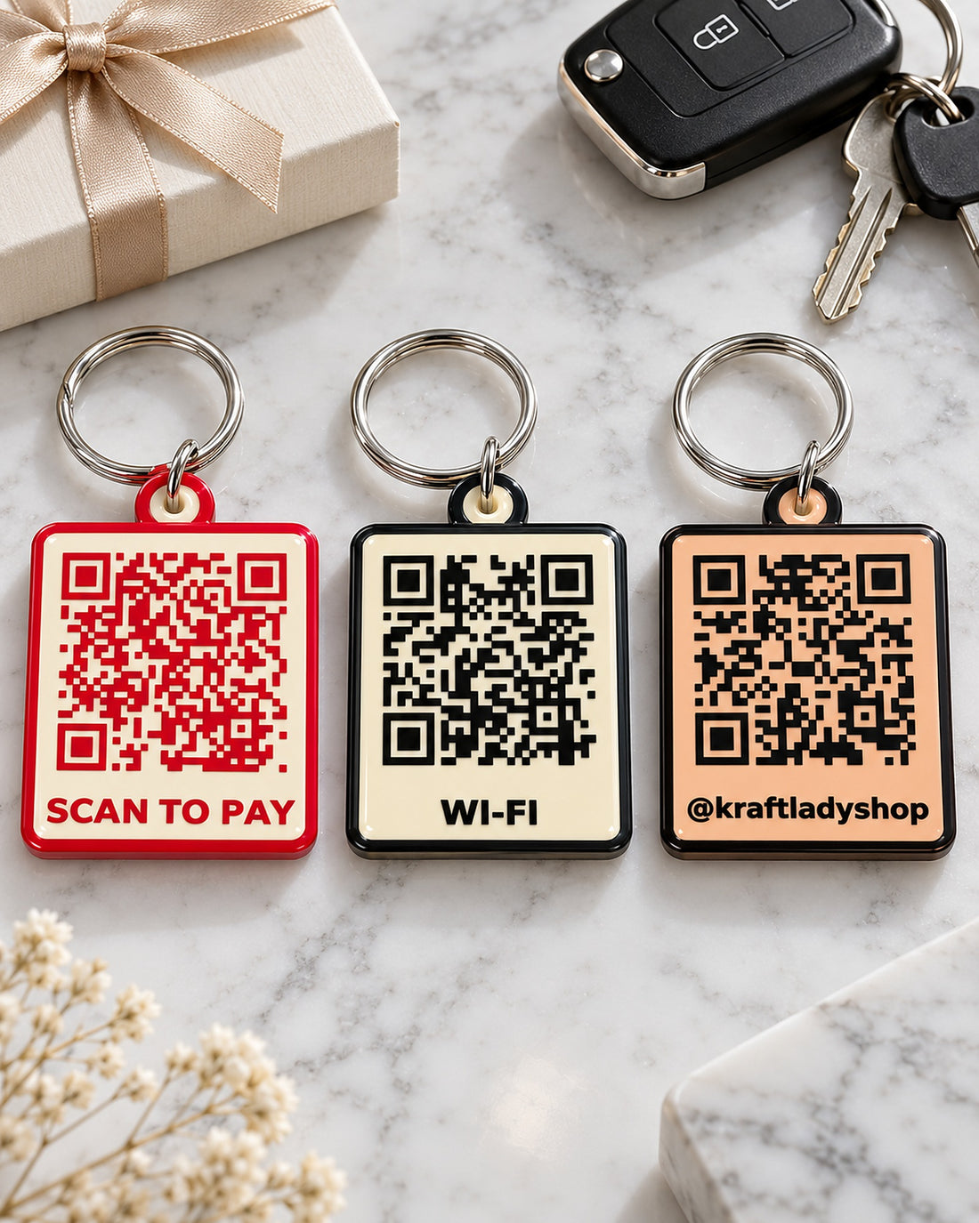 Scan to pay UPI QR code keychain hanging at a shop counter