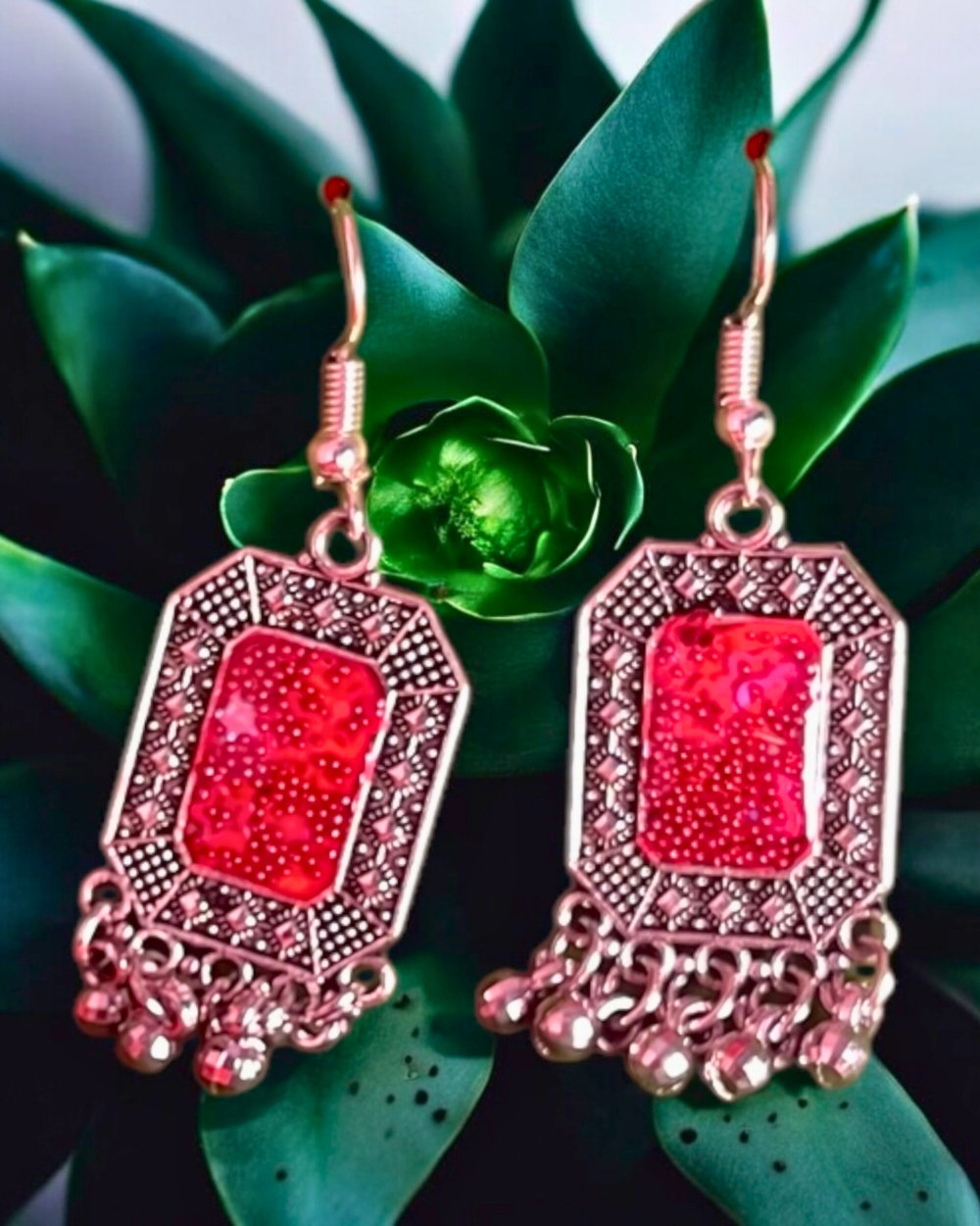 Ruby Radiance Resin Oxidized Earrings