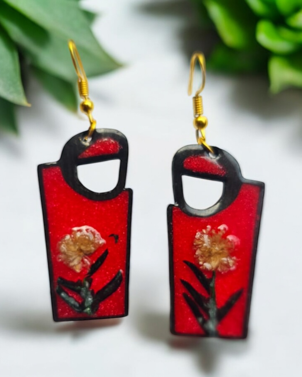 Scarlet Blossom Drop Wooden-Resin Earrings