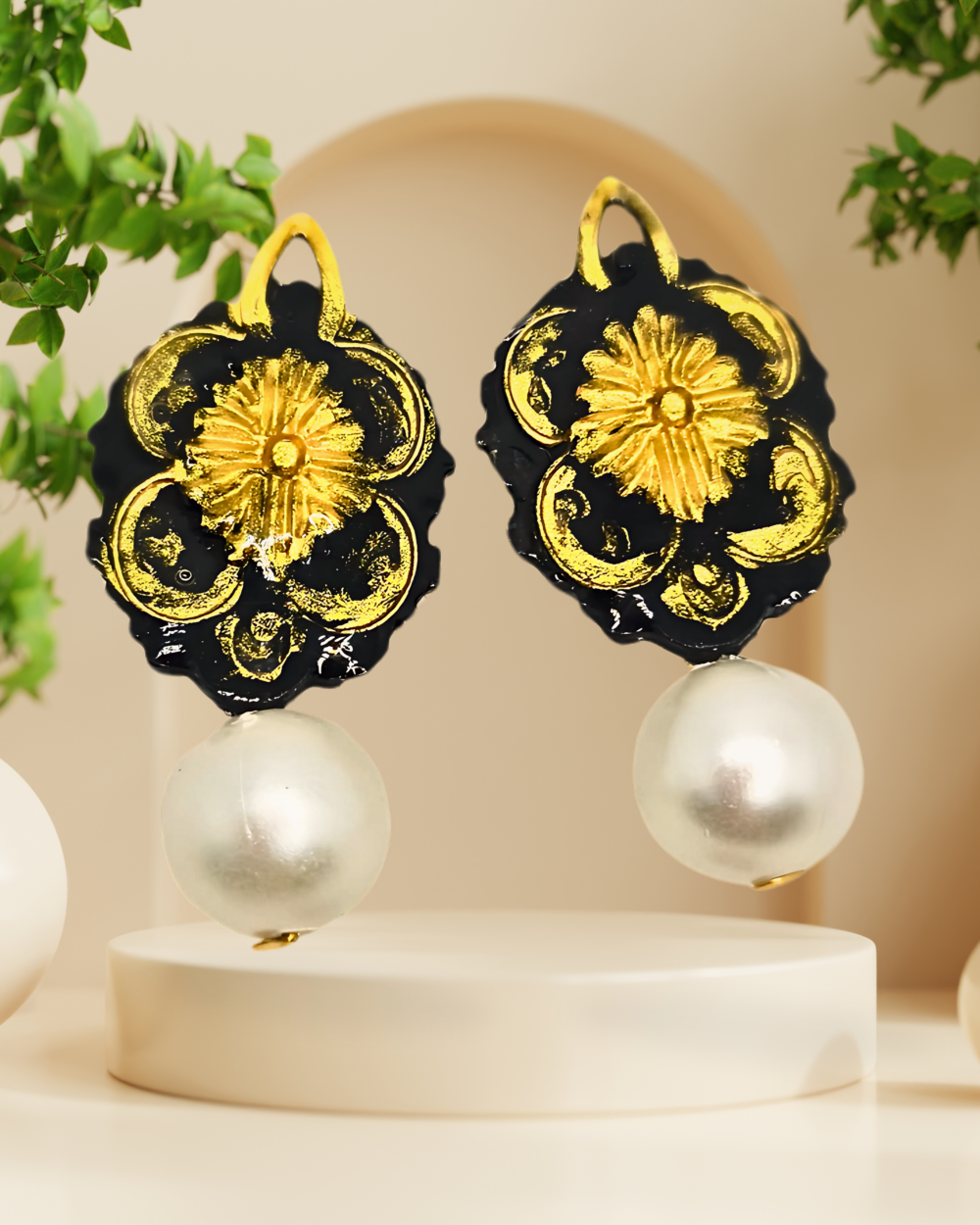 Golden Bloom Resin Pearl Earrings