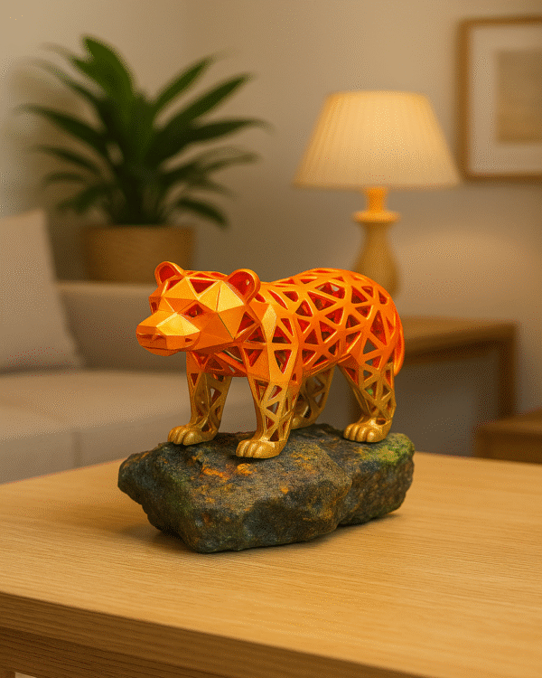 Geometric Resin Bear Sculpture with Natural Stone Base – Modern Home Decor Accent