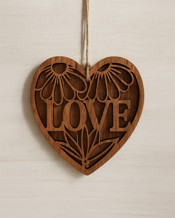 Heart-Shaped Wooden Wall Hanging – Handmade LOVE & Floral Cutout Designs | Rustic Home Decor Gift