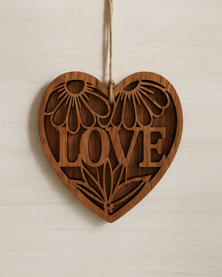 Heart-Shaped Wooden Wall Hanging – Handmade LOVE & Floral Cutout Designs | Rustic Home Decor Gift