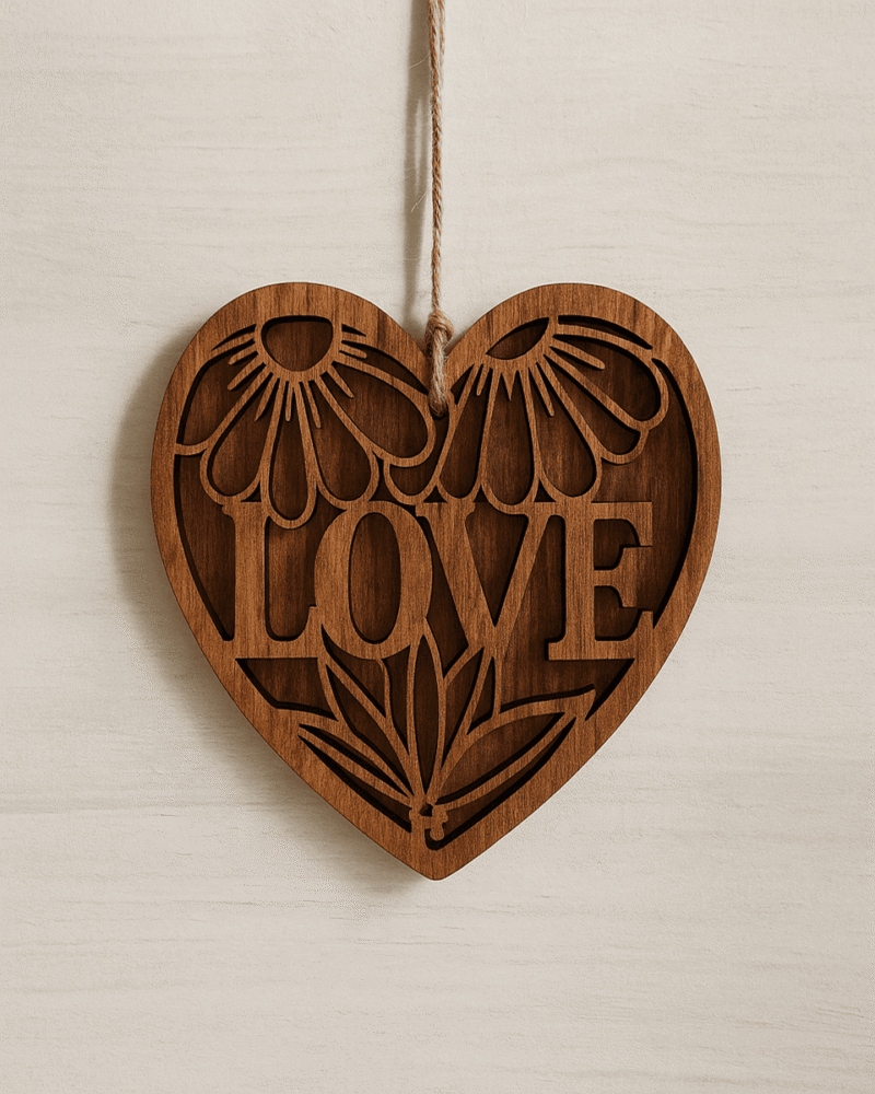 Heart-Shaped Wooden Wall Hanging – Handmade LOVE & Floral Cutout Designs | Rustic Home Decor Gift
