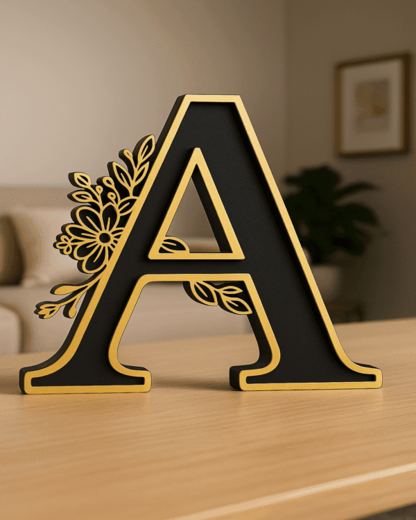 Elegant Black & Gold Wooden Floral Alphabet Desk Decor