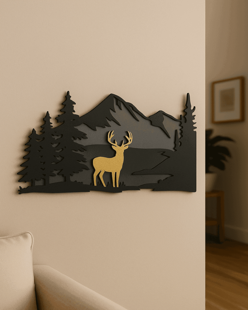 Deer and Mountain Gold Accent Wall Art – Nature-Inspired Modern Piece