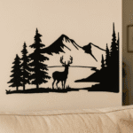 Deer and Mountain Silhouette Wall Art – Nature-Inspired Black Wall Decor