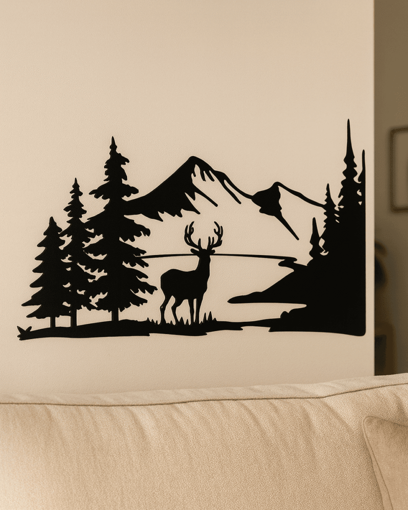 Deer and Mountain Silhouette Wall Art – Nature-Inspired Black Wall Decor