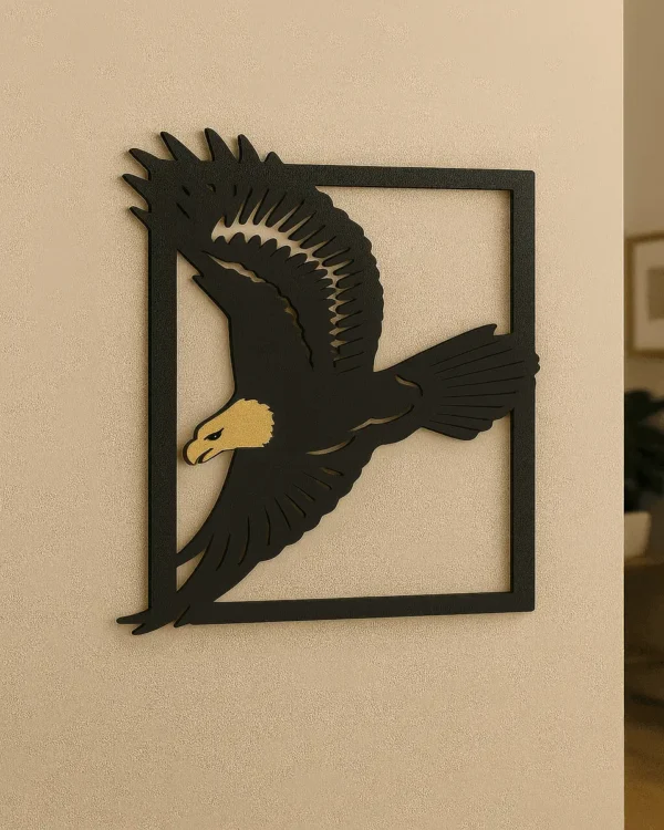 Eagle in Flight Wall Art – Black and Gold Metal-Inspired Design