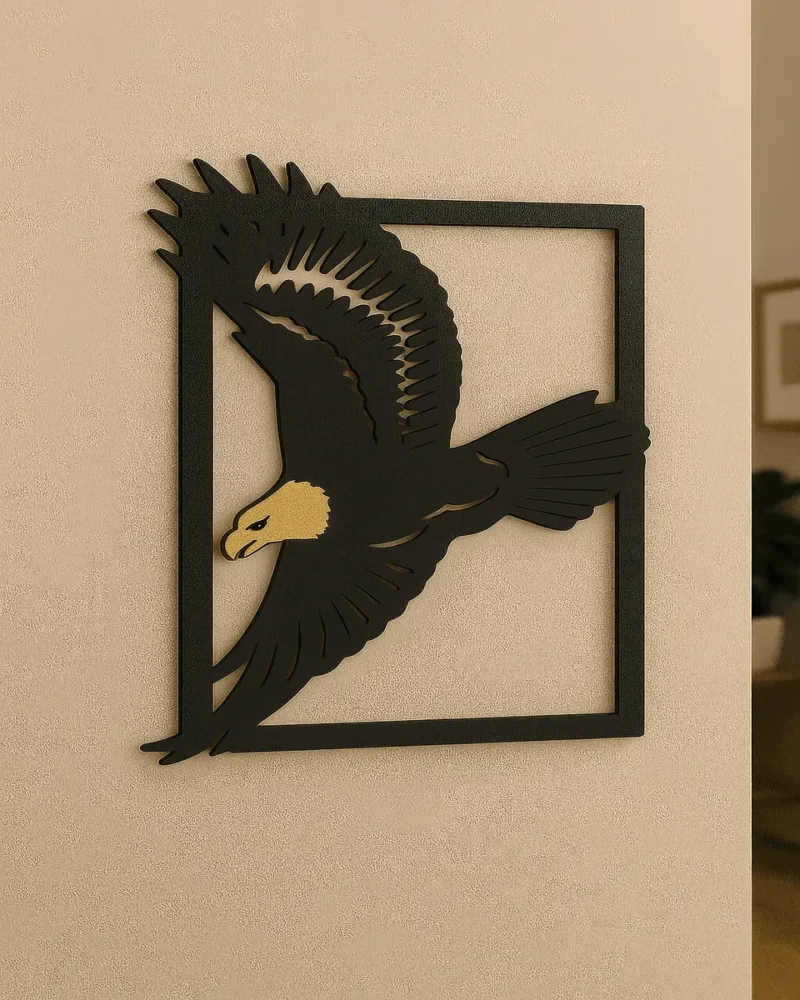 Eagle in Flight Wall Art – Black and Gold Metal-Inspired Design