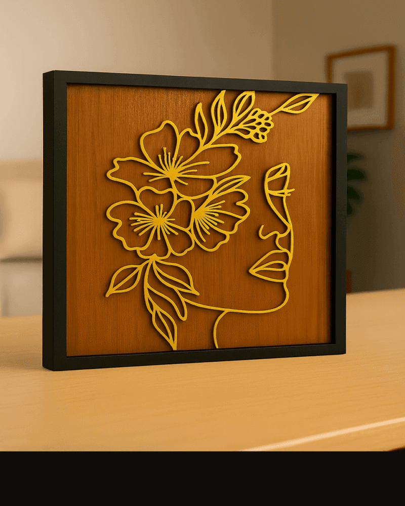 Golden Floral Line Art Woman – Wooden Wall Decor with Black Frame