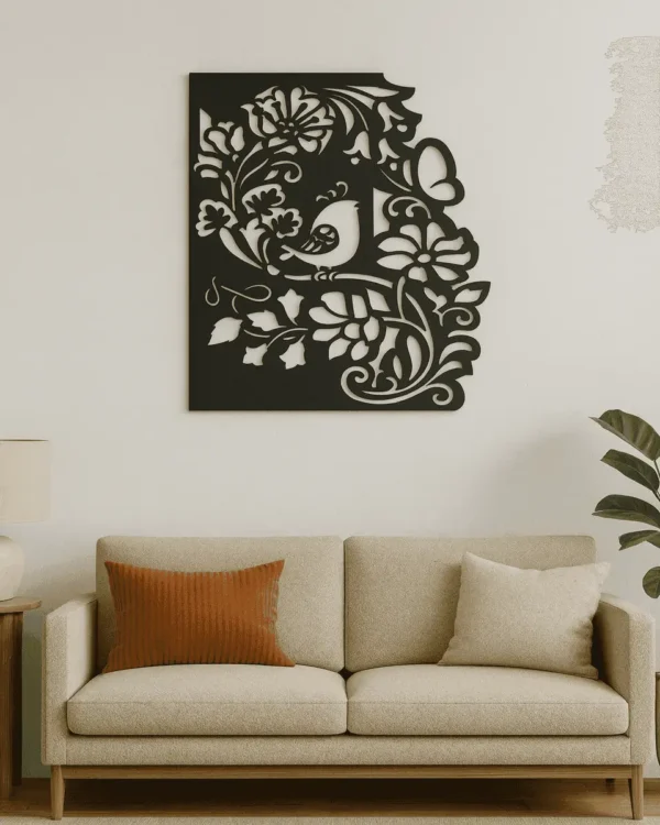 Floral Bird Wall Art – Nature-Inspired Black Wall Design for Modern Interiors