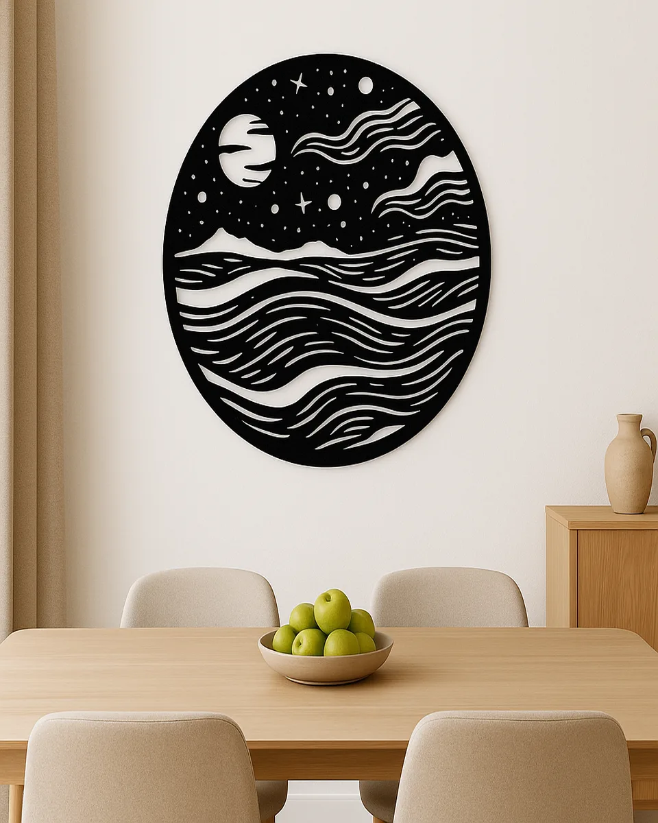 Moonlight Waves 3D-printed wall art styled in a dining room