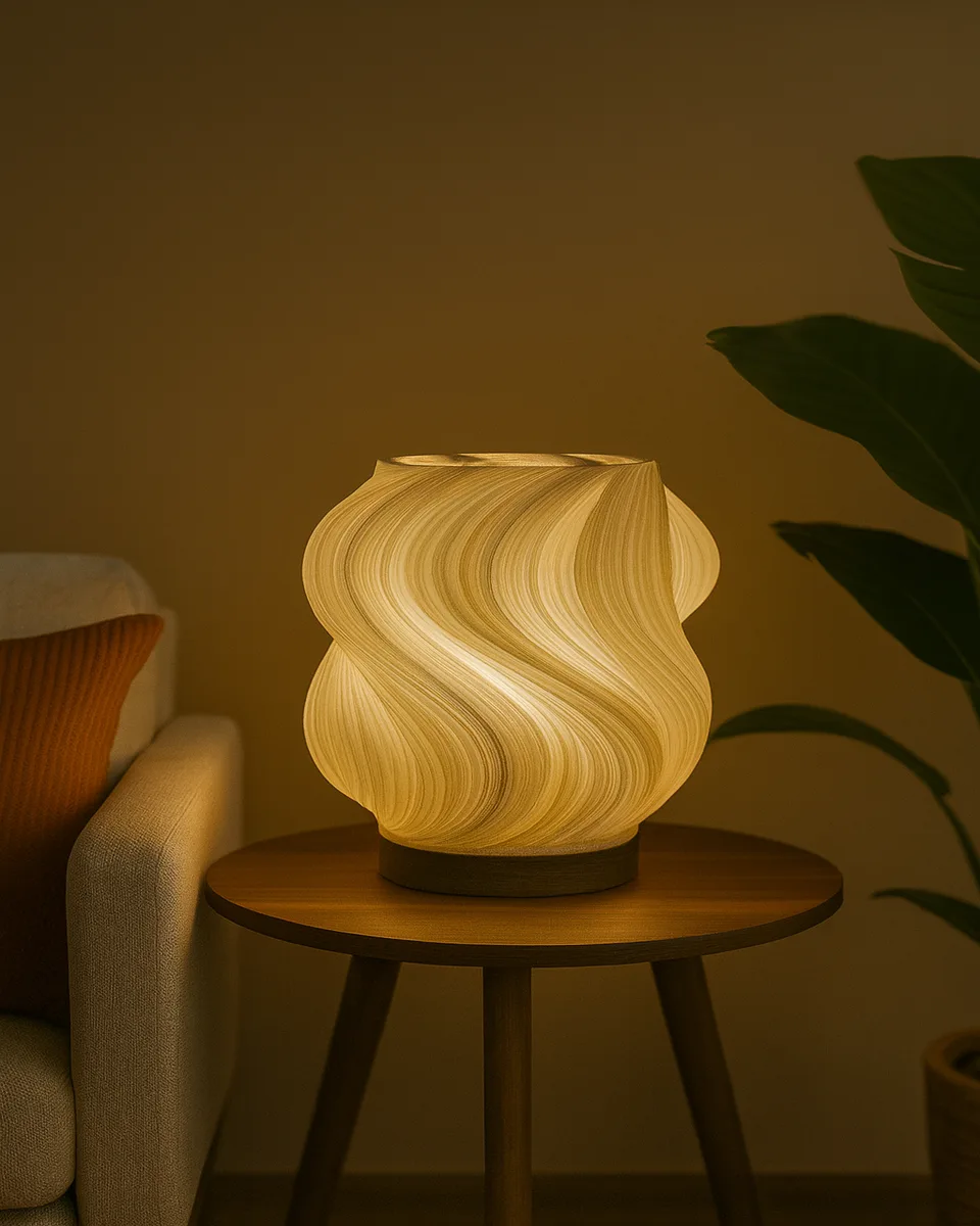 Swirl Glow Smart Table Lamp glowing in a cosy living room