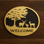 Welcome” Sign with Deer & Tree Design – 12 Inch Round MDF Wall Decor