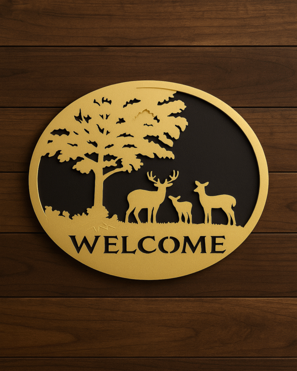 Welcome” Sign with Deer & Tree Design – 12 Inch Round MDF Wall Decor